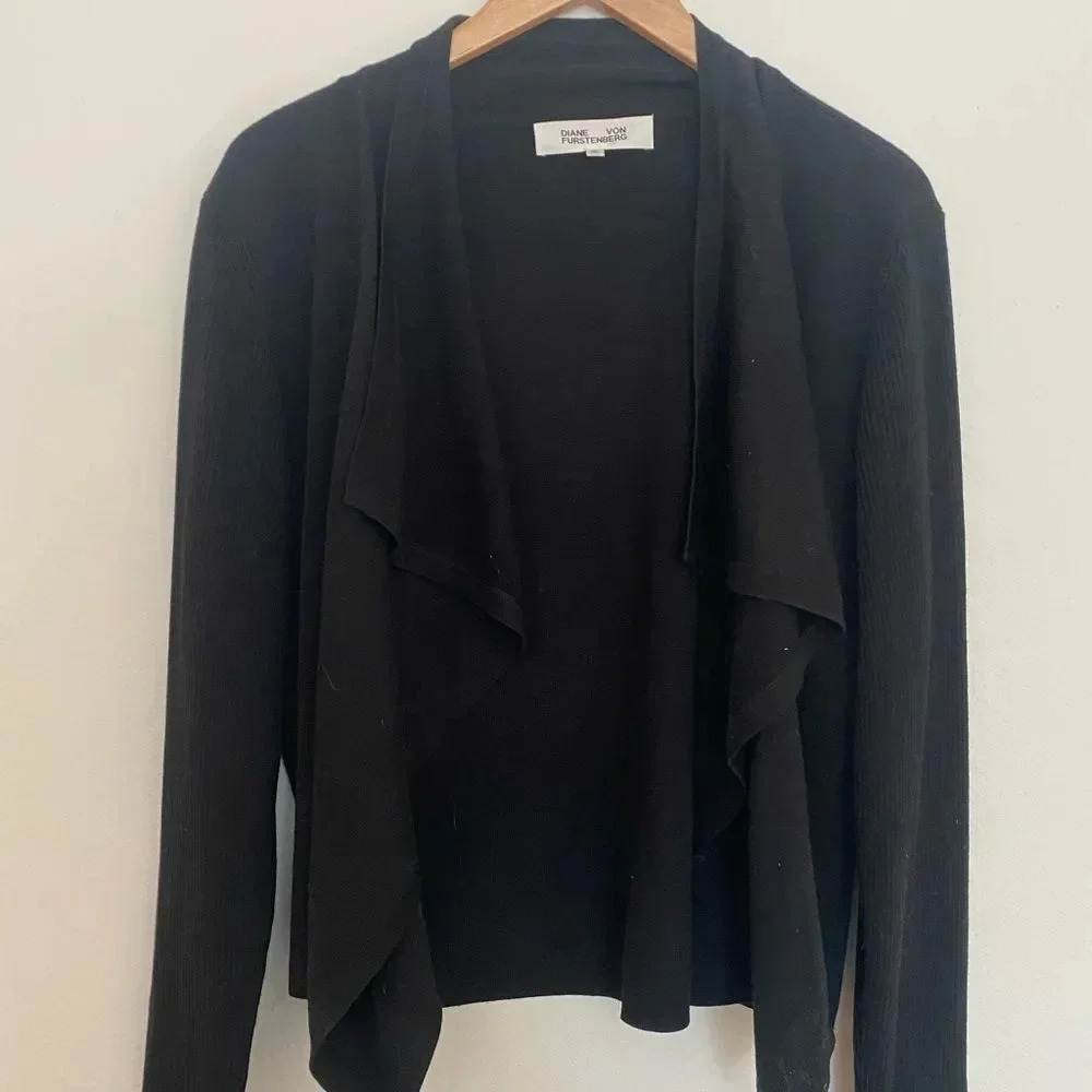 Diane Von Furstenberg black knit cardigan open front XL excellent condition